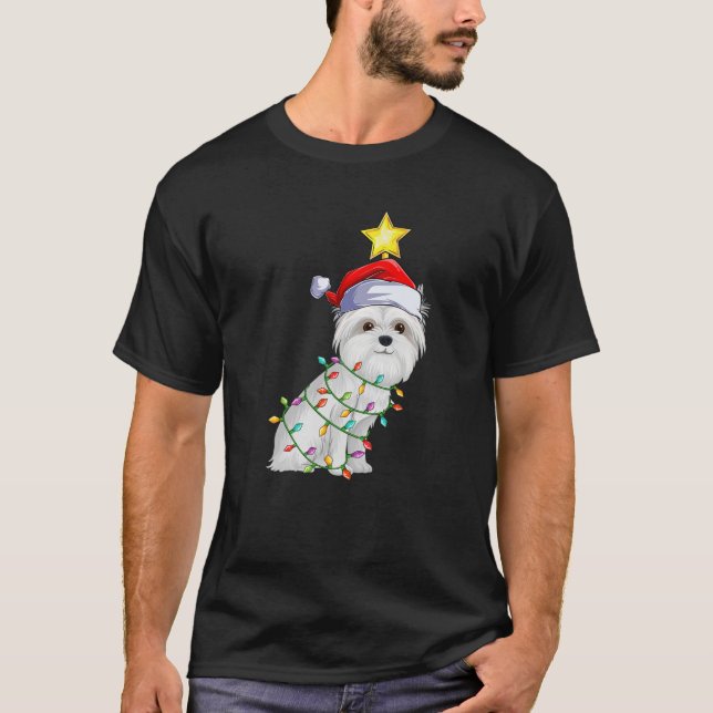 Camiseta Maltês Cães Xmas Lighting Tree Matando Maltês Ch (Frente)