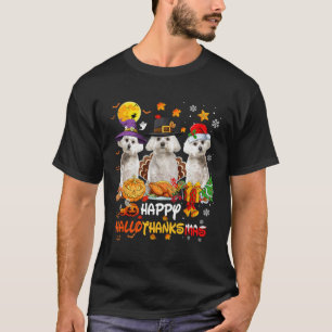 Camiseta Maltês Cão Feliz Halloween Feliz de Ação de Graças