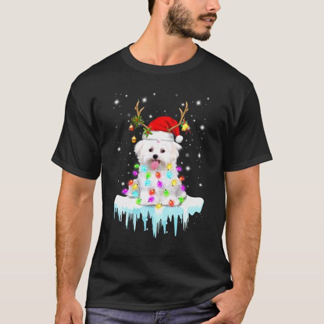 Camiseta Maltês Reindeer Santa Hat Ornamen de Natal (Frente)