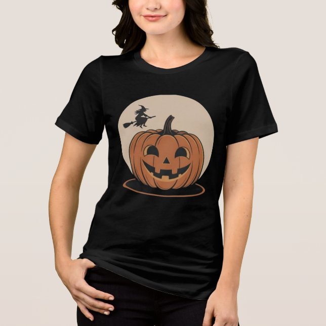 Camiseta Malva Negra Halloween Jack O Lanterna Bruxa Voador (Frente)