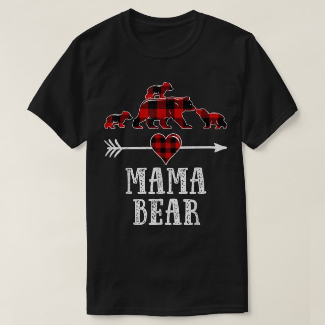 Camiseta Mama Bear 3 Cubs, Xadrez de Urso da Mama  (Frente do Design)