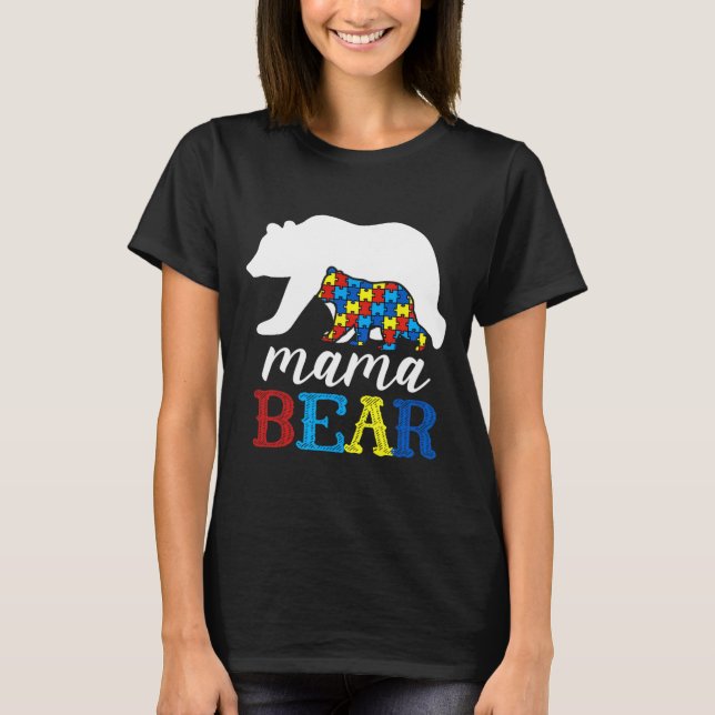 Camiseta Mama Bear Autismo Quebra-cabeça de Consciência Mãe (Frente)