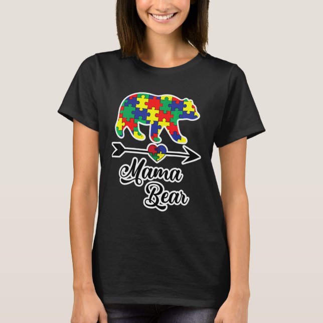 Camiseta Mama Bear Quebra-cabeça Autismo Consciência Mãe Te (Frente)