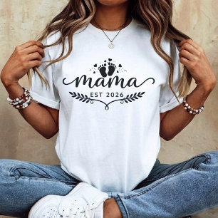 Camiseta Mama Est 2026 Revelação de Gravidez de Nova Mamãe