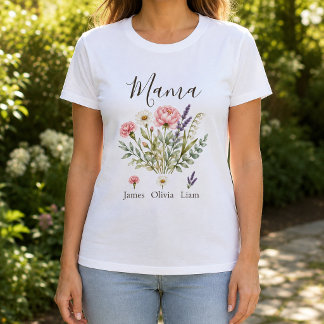 Camiseta Mama Flores Aquarela com Nomes das Crianças