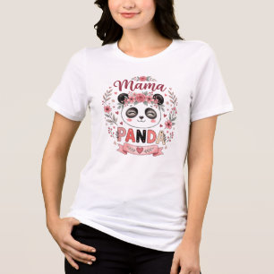 Camiseta Mama Panda Fofa com Flores Rosa e Corações