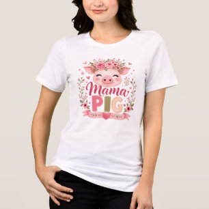 Camiseta Mama Porca Floral Rosa Cute Animal de Fazenda Mate