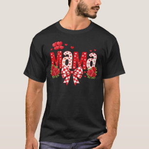 Camiseta Mama Rosa Vermelha Corações e Laço Xadrez Gráfico