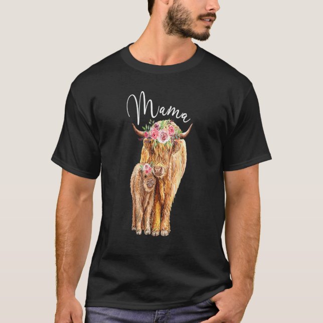 Camiseta Mama Vaca das Terras Altas Com Bezerro Bebê Floral (Frente)