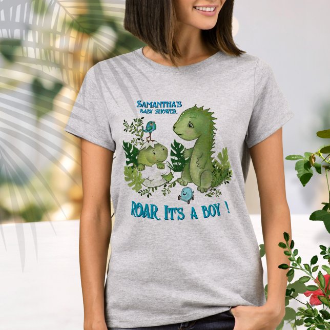 Camiseta Mamãe A SER RARO É UM GAROTO! Chá de fraldas Dino (Mommy To Be ROAR IT'S A BOY! Dino Baby Shower T-Shirt )