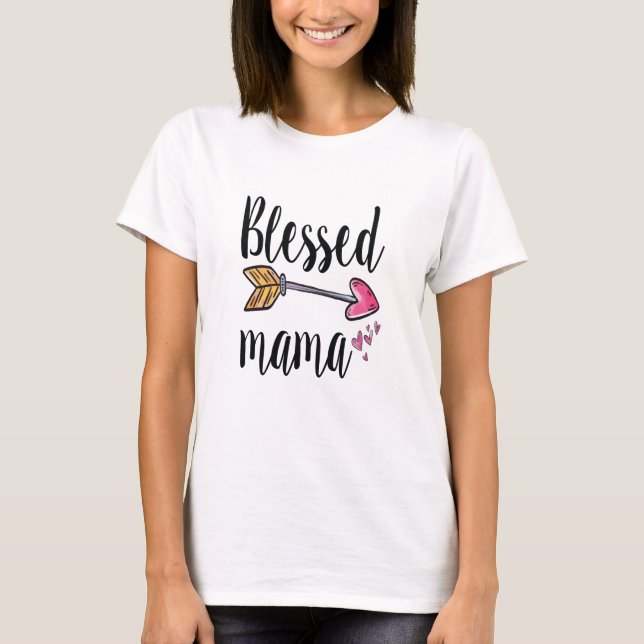 Camiseta Mamãe Abençoada com Presente de Corações Rosa para (Frente)