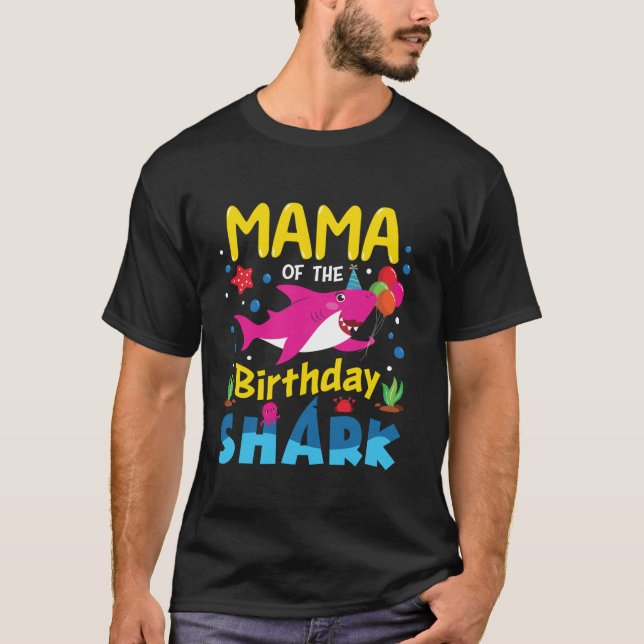 Camiseta Mamãe Aniversário Crianças Tubarões Festa de Mãe C (Frente)