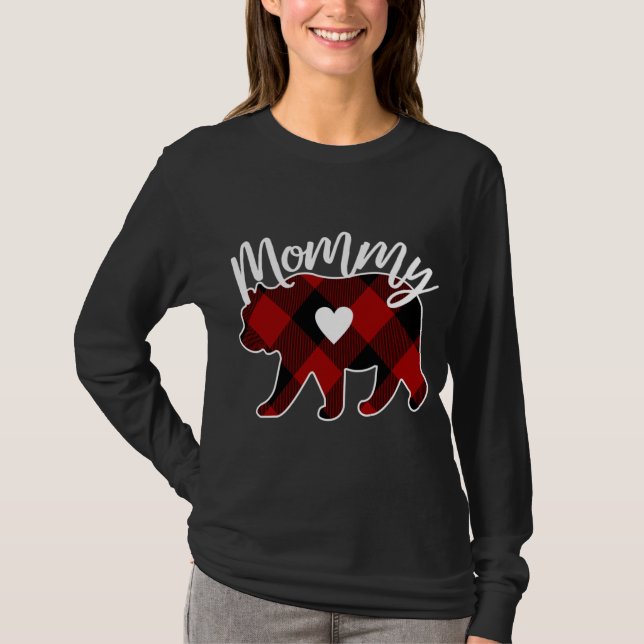 Camiseta Mamãe Bear Natal Buffalo Xadrez Vermelho Branco E  (Frente)