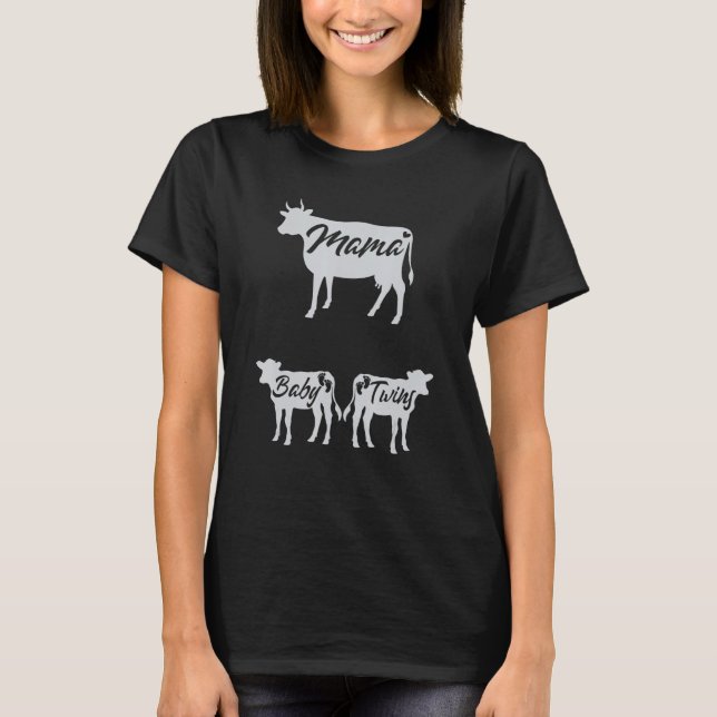 Camiseta Mamãe Bebê Vaca Gêmeos Anúncio de Gravidez Mulhere (Frente)