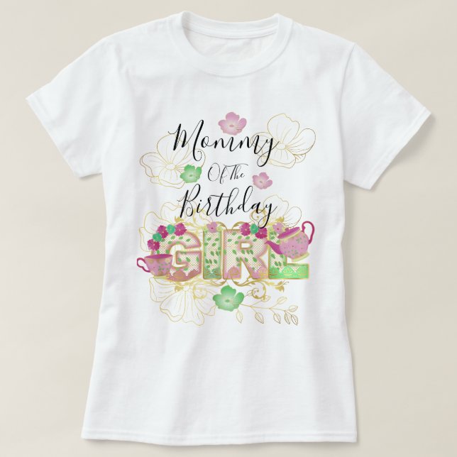 Camiseta Mamãe da Garota de Aniversário do Tea Party |Flora (Frente do Design)