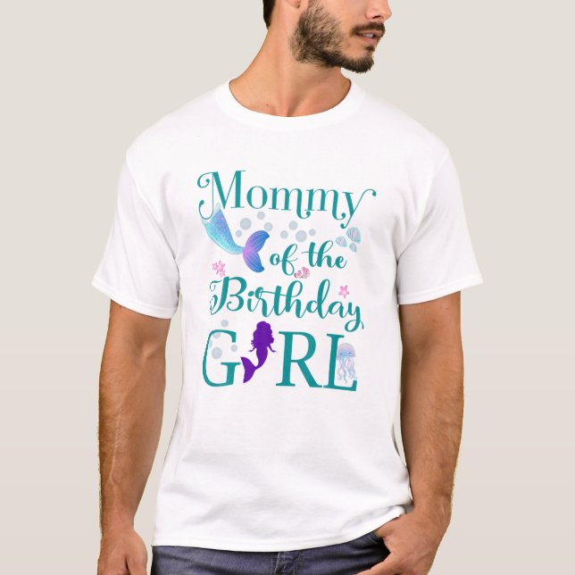 Camiseta Mamãe Da Garota De Aniversário Mãe Sereia Primeiro (Frente)