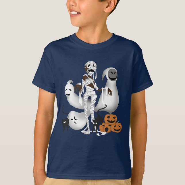 Camiseta Mamãe de Halloween com Kitty Cats e Ghost Boy (Frente)