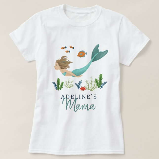 Camiseta Mamãe Fofa e Mágica sob o mar Sereia Mãe (Frente do Design)