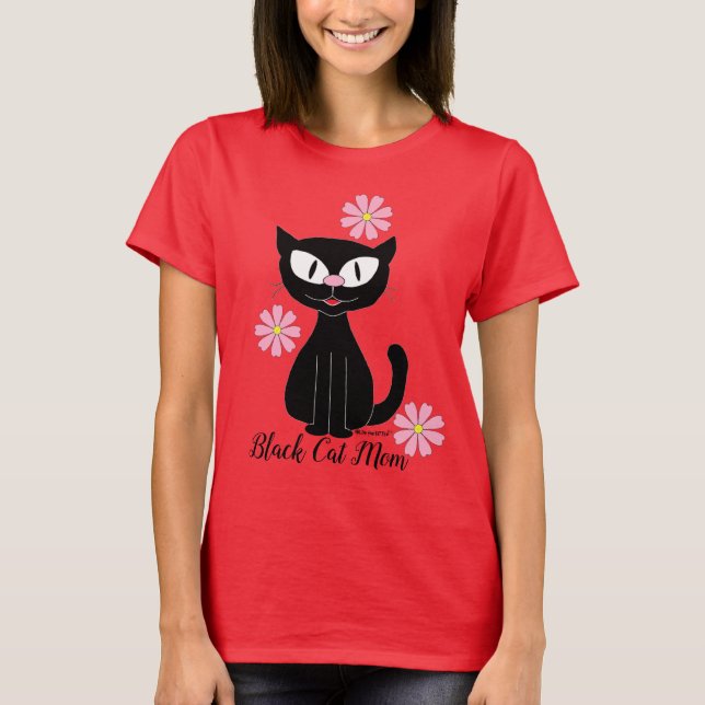 Camiseta Mamãe Gato Preto com Flores Bonito Rosa (Frente)