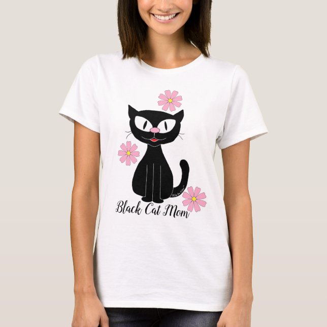 Camiseta Mamãe Gato Preto com Flores Bonito Rosa (Frente)