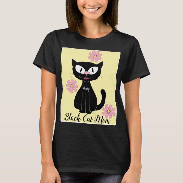 Camiseta Mamãe Gato Preto com Flores Bonito Rosa (Frente)