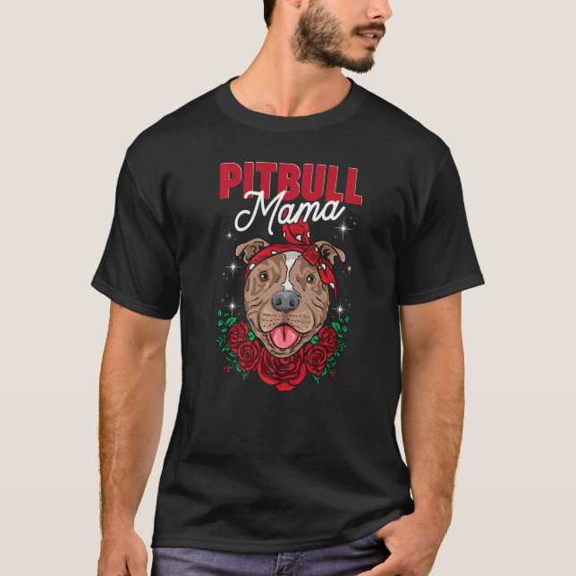 Camiseta Mamãe Pitbull Vestindo Flores Vermelhas Pitbull Ma (Frente)