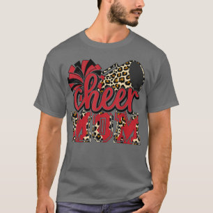 Camiseta Mamãe Red Leopard Cheer Poms e Megaphone