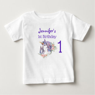 Camiseta Mamãe Unicórnio Mágico & Bebê Aquarela 1º Aniversá