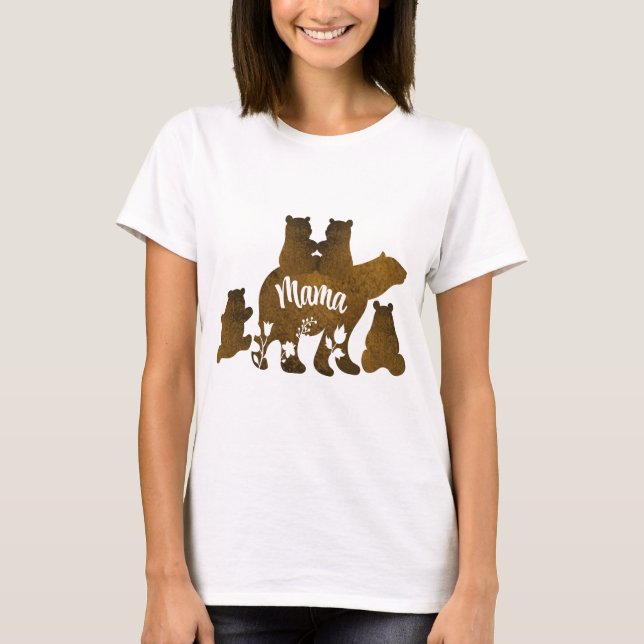Camiseta Mamãe Ursa com 4 Cubs Mãe de Quatro Crianças Prese (Frente)