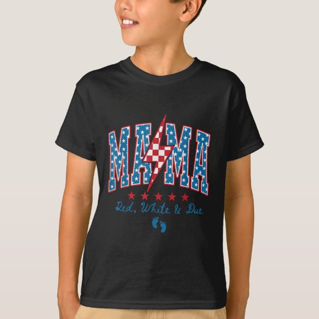Camiseta Mamãe Vermelha Branca E Devida 4 De Julho Anúncio  (Frente)