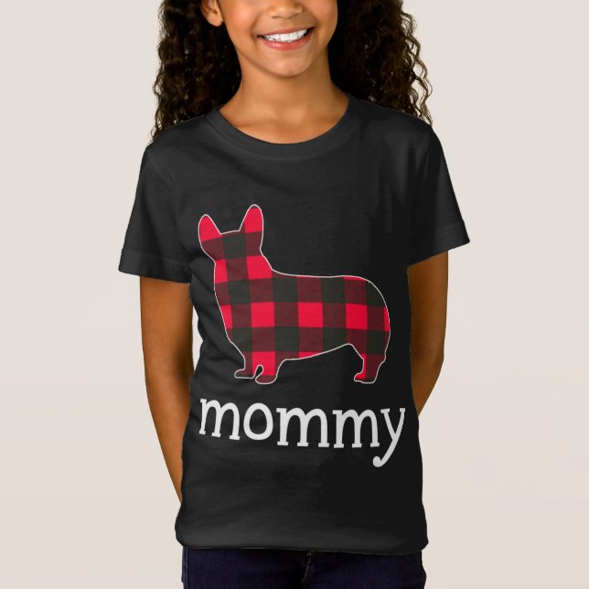 Camiseta Mamãe Vermelha Xadrez Corgi Família de Natal Combi (Frente)