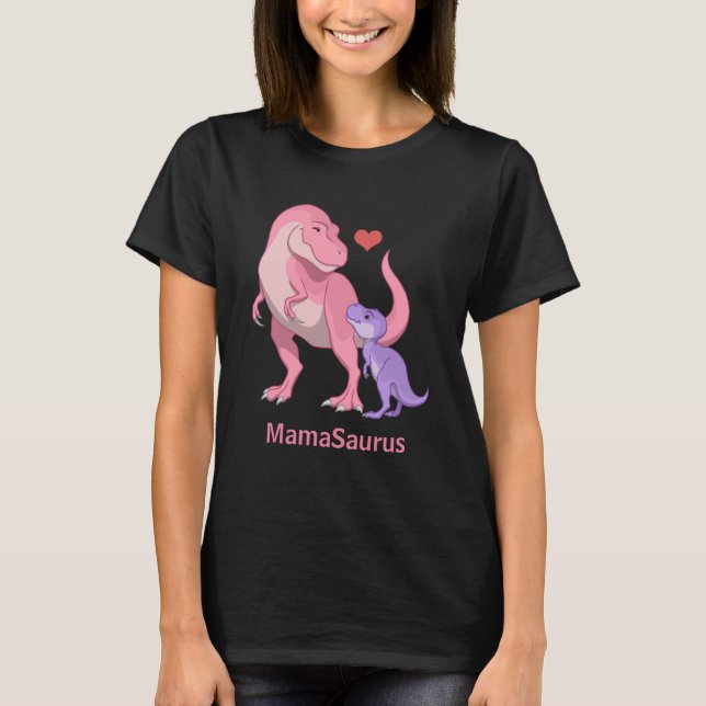 Camiseta MamaSaurus, rosa, T-Rex e Dinossauro de Bebê Roxo (Frente)