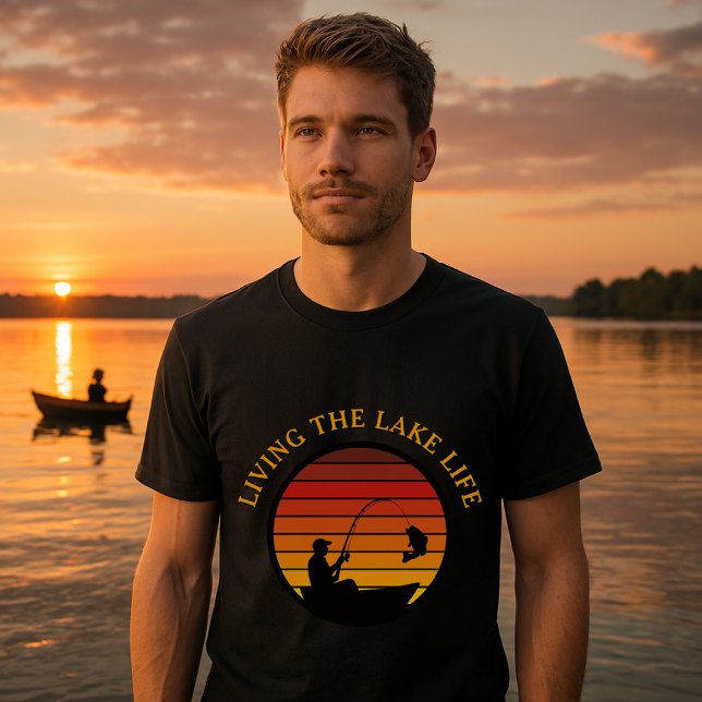 Camiseta Man Fish Retro Sunset Lake Life Modelo (Criador carregado)