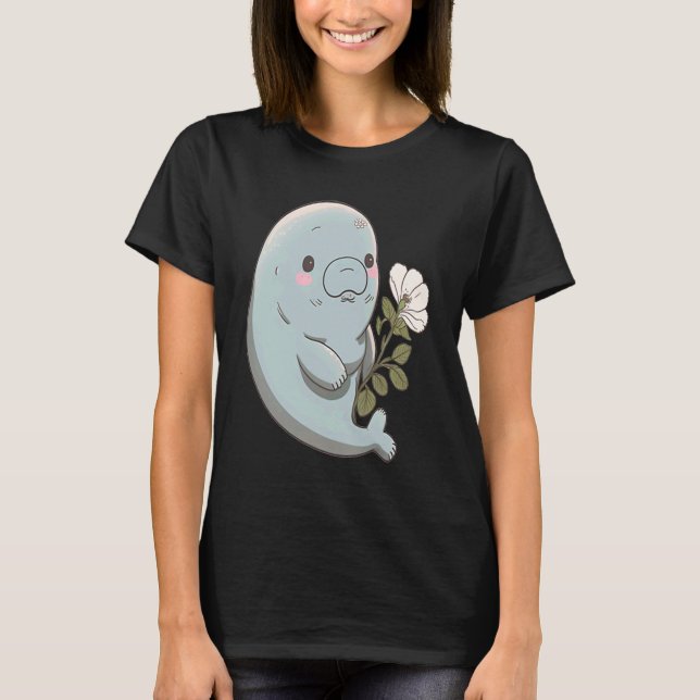 Camiseta Manateado Azul Claro Adorável com Blushing com (Frente)