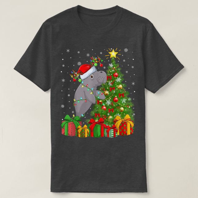 Camiseta Manatee Lighting Xmas Tree Santa Hat Manatee Chris (Frente do Design)