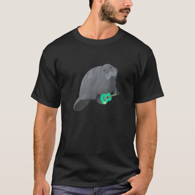 Camiseta Manatee Tocando Teal Ukulele Guitar Havaí Flórida (Frente)