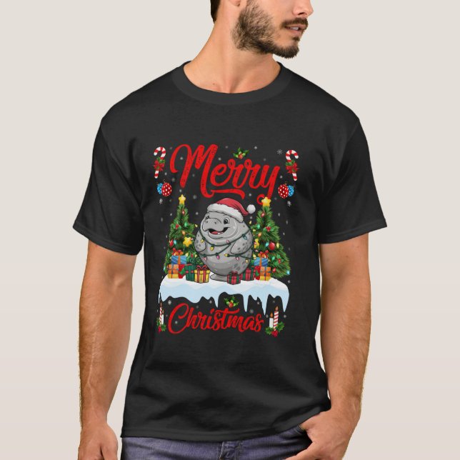 Camiseta Manatee Xmas Tree Lighting Santa Hat Manatee Chris (Frente)