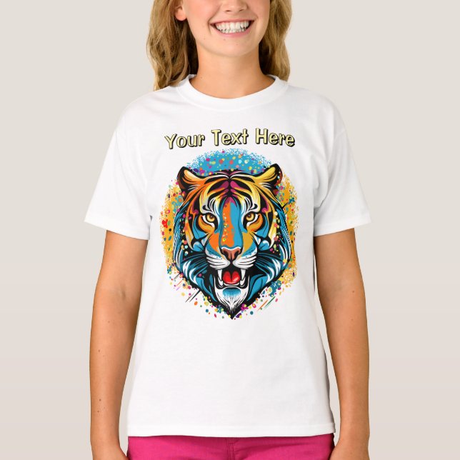 Camiseta Manchas de tinta cores Arco-íris Cabeça de Tigre (Frente)