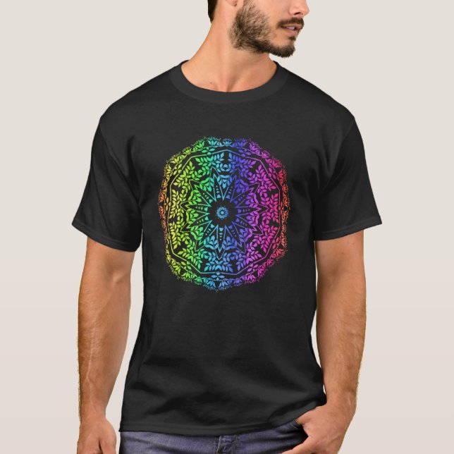 Camiseta Mandala de Arco-íris Flor de Roseta Geométrica Vib (Frente)