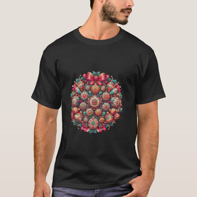 Camiseta Mandala de Natal com ornamentos de folhas ocas e (Frente)