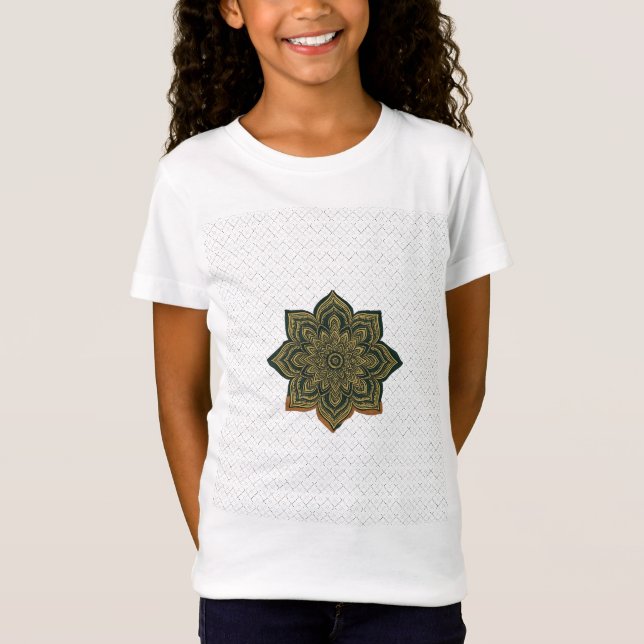 Camiseta Mandala Flower Art. Verde Dourado Decor Zen (Frente)