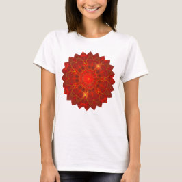 Camiseta Mandala Linhas Finas Cores Quentes Fundo Vermelho