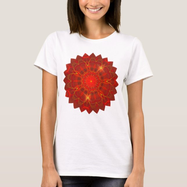 Camiseta Mandala Linhas Finas Cores Quentes Fundo Vermelho (Frente)