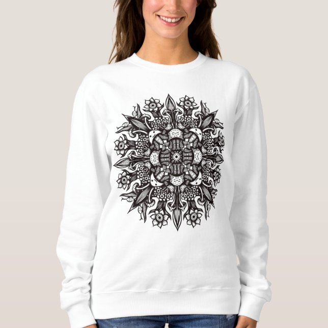 Camiseta Mandalas de Cogumelos Psicotrópicos Preto e Branco (Frente)