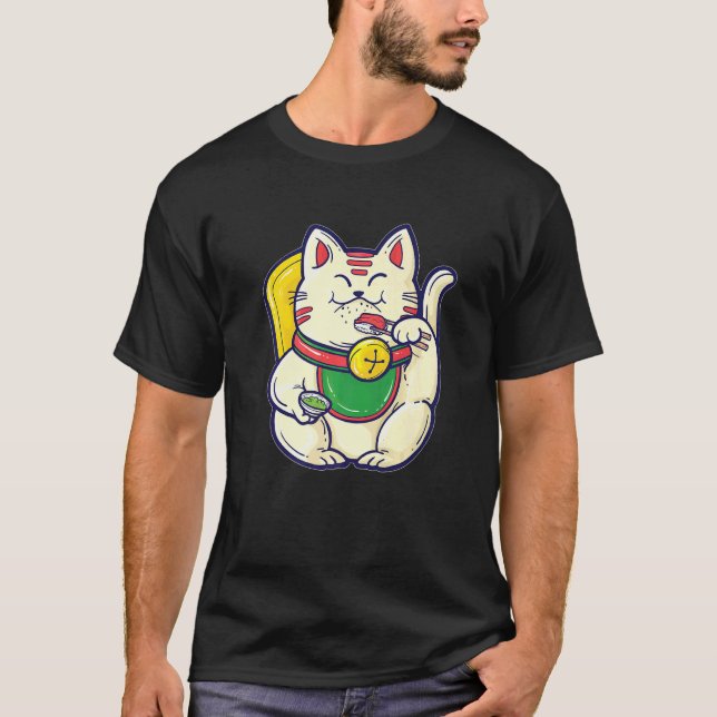Camiseta Maneki Neko Comendo Sushi Sorte Asiática Gato da S (Frente)