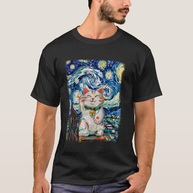 Camiseta Maneki Neko Gato Japonês Estrela da Sorte Noite Pi (Frente)