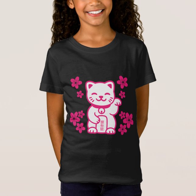 Camiseta Maneki-neko japonês rosa (Frente)