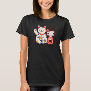 Camiseta Maneki Neko Lucky Beccando Gato Com Garota Gira