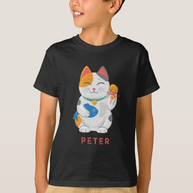 Camiseta Maneki Neko White Cat, símbolo de boa sorte (Frente)