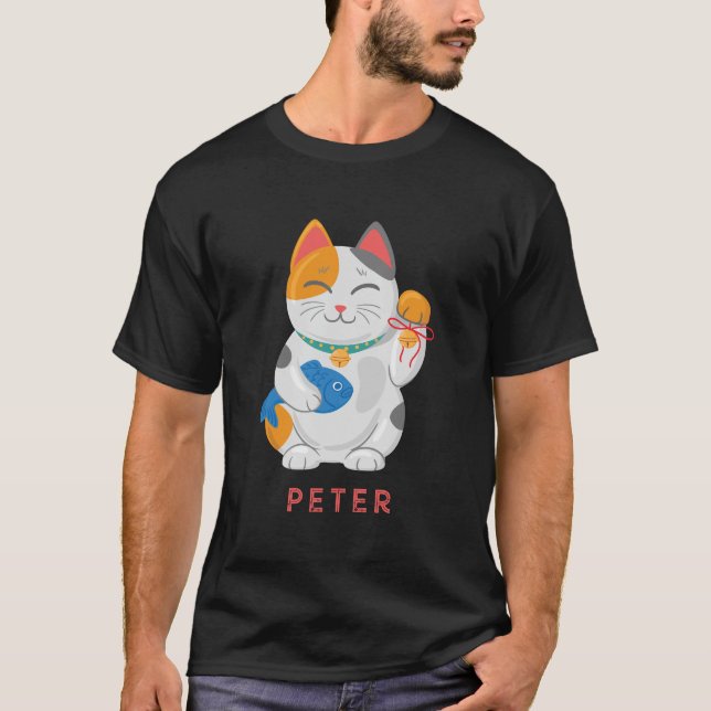Camiseta Maneki Neko White Cat, símbolo de boa sorte (Frente)